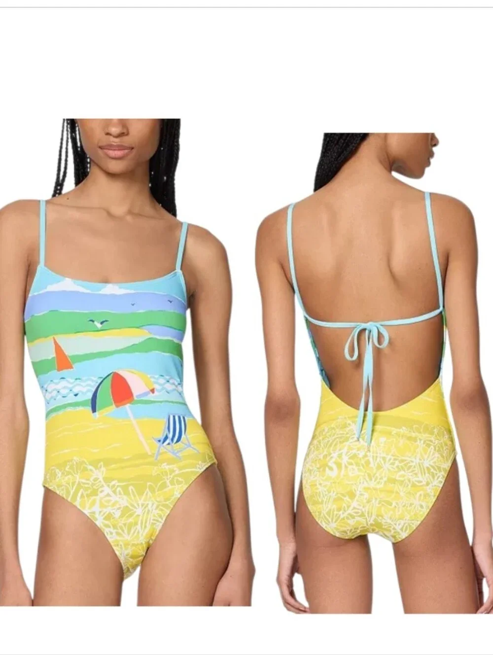 Kate Spade Summer Day Tie Back One Piece Swimsuit Multi Beach Graphic L NWT
